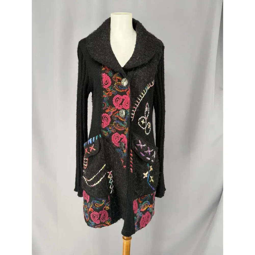 Sioni Cardigan Sweater Womens Large Black Paisley Embroidered Boho Wool Knit - Picture 1 of 13
